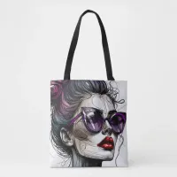 Pretty Woman in Sunglasses and Purple Lipstick Tote Bag