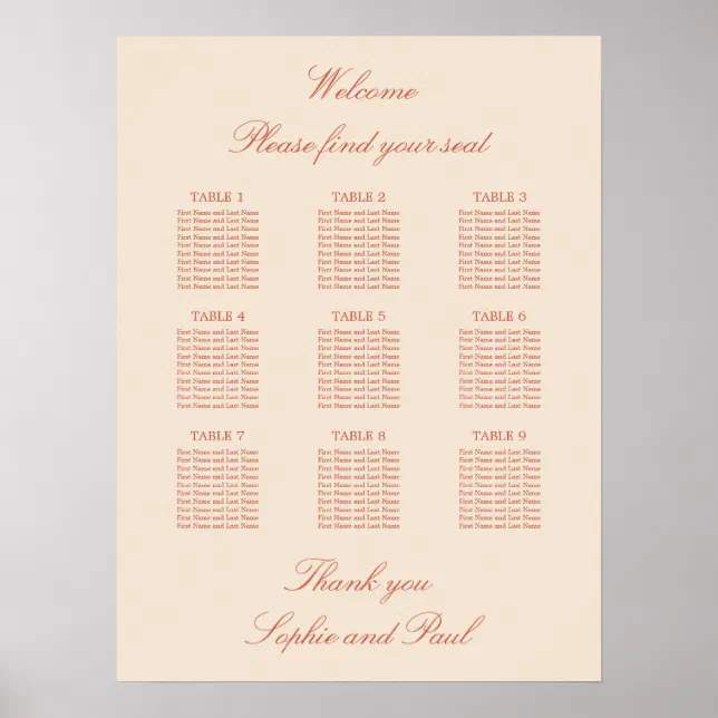 Terracotta Script 9 Table Wedding Seating Poster