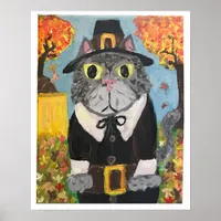 Pilgrim Cat Folk Art Thanksgiving Cat Boy Painting Poster