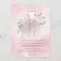 Blush Silver glitter Floral Dress Quincea&#241;era Invitation