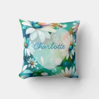 Whimsical Boho Floral Daisy with Valentine Heart  Throw Pillow