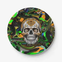 Black Orange and Lime Green Sugar Skull Art Paper Plates