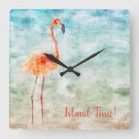 Watercolor Pink Flamingo | Tropical Island Time Square Wall Clock