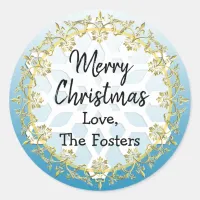 Merry Christmas Gold and Blue Personalize Holiday Classic Round Sticker