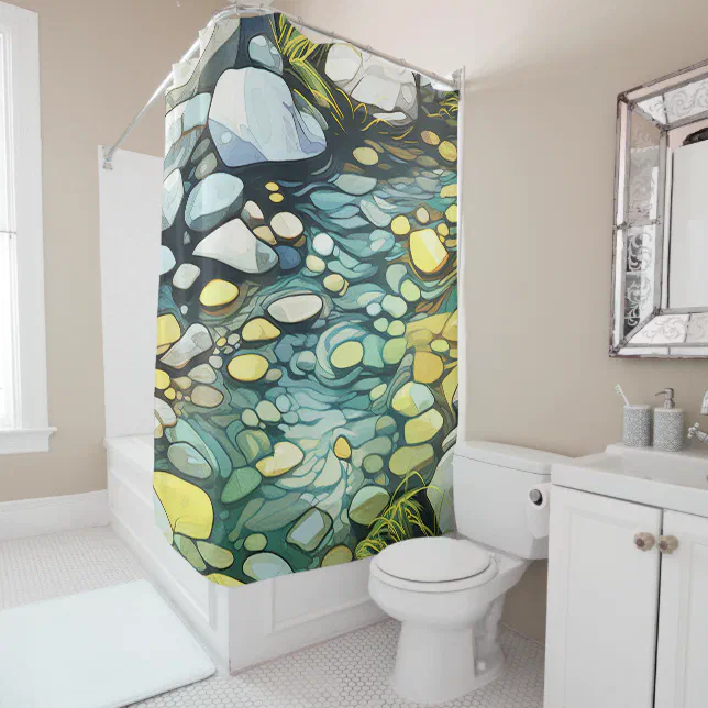 River rocks abstract watercolor painting shower curtain