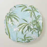 Modern Bamboo Pattern Flower Blue & Green Round Pillow