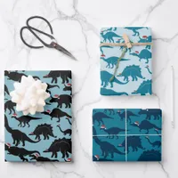 Santa Dinos! Fun & Whimsical Blue Dinosaur Xmas Wrapping Paper Sheets