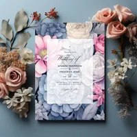 Dusty Blue, Blush Pink and Silver Floral Wedding Invitation