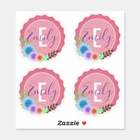 Cute Girly Pastel Flowers & Foliage Monogrammed Sticker