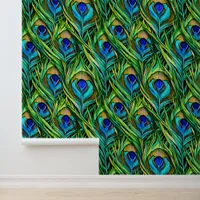 Blue and Green Peacock Feathers Collage Wallpaper