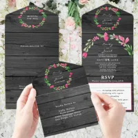 Rustic Dark Gray Wood Pink Floral Country Wed RSVP All In One Invitation