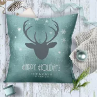 Deer Antlers Silhouette & Snowflakes Teal ID861  Throw Pillow