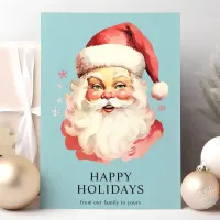 Blue Vintage Watercolor Santa Claus Christmas Holiday Card