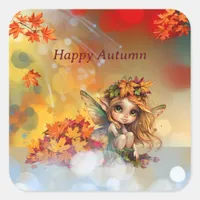 Cute Autumn Fairy with Fallen Leaves Square Sticker