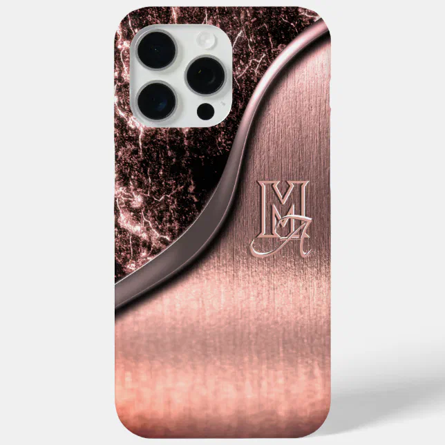 Pink brushed metal and metallic stone monogrammed iPhone 15 pro max case