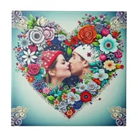 Add Your Picture | Floral Heart Frame Ceramic Tile