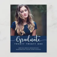 Modern Elegant Blue Graduation Script Photo Announcement Postcard