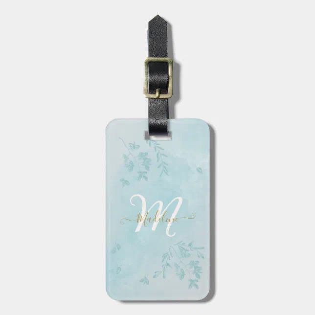 Blue Watercolor Leaves Name Monogram Luggage Tag