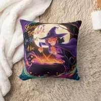 A witch brews potions under the full moon throw pillow