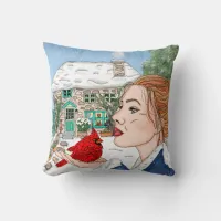 Hand Drawn English Cottage and Cardinal  Throw Pillow