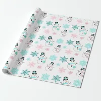 Snowmen and Snowflakes Teal and Pink Christmas Wrapping Paper