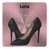 Black Glitter High Heel Shoe on Pink | Trivet