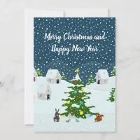 Christmas snow village with christmas tree  holiday card