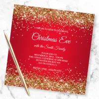 Faux Sparkly Gold Glitter Christmas Red Invitation