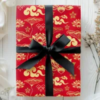 Chinese Lotus Oriental Asian Red Floral Pattern Wrapping Paper