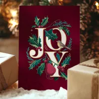 Elegant Joy Typography Holly Bird Christmas Card