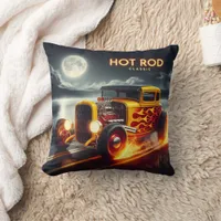 Classic hot rod racing under a full moon at night throw pillow