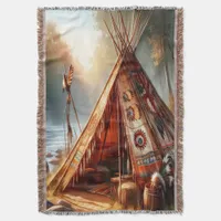 Tranquil native Indian teepee by a serene river Throw Blanket