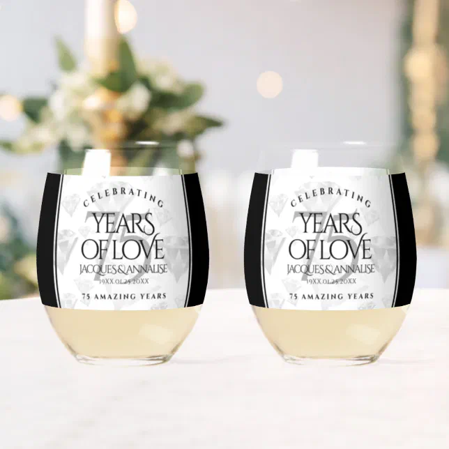 Elegant 75th Diamond Wedding Anniversary Stemless Wine Glass
