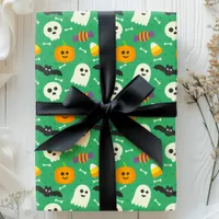 Spooky Green Ghost, Bat & Skull Halloween Wrapping Paper