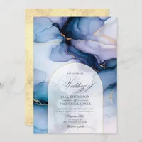 Navy Blue and Gold Flowing Alcohol Ink Wedding Invitation