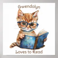 Thumbnail for Nursery Art Poster Cat Reading a Book  Personalize