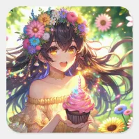 Pretty Anime Birthday Girl Square Sticker