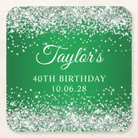 Silver Glitter Green 40th Birthday Square Paper Coaster