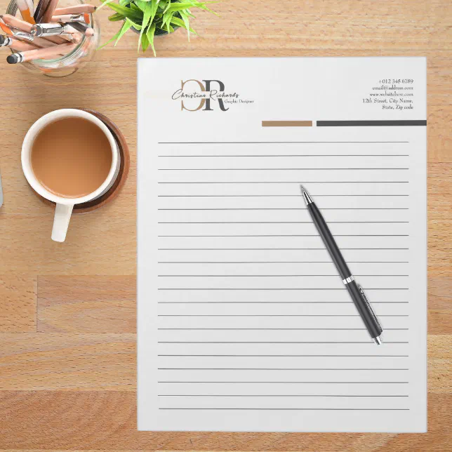Simple Modern Black Gold Monogram Lined Business Notepad