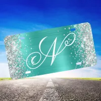 Silver Glitter Shiny Turquoise Fancy Monogram License Plate