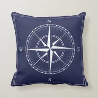 Nautical Navy Blue White Old Ships Compass Design Throw Pillow