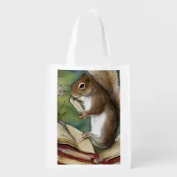 Watercolor Squirrel Reading a Book Grocery Bag