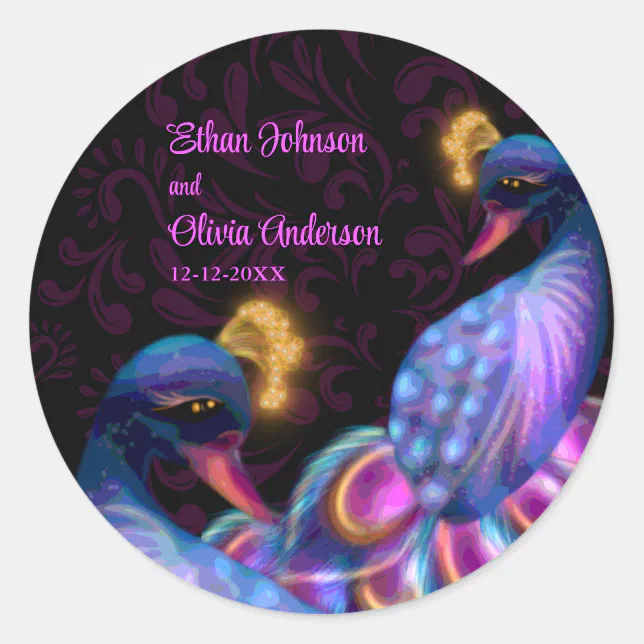 Peacock Jewel Tones Wedding Floral Moody purple Classic Round Sticker