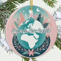 Peace On Earth World Planet Pastel Pink Christmas Ceramic Ornament