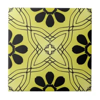 Black Flowers on Lime Green Background Pattern Ceramic Tile