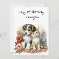 Personalized Puppy and Kitten Baby First Birthday  Card