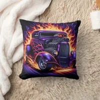 Classic hot rod with fiery flames at sunset throw pillow