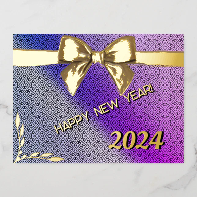 Happy New Year 2024 ribbon, gold and Moroccan bg Foil Holiday Postcard