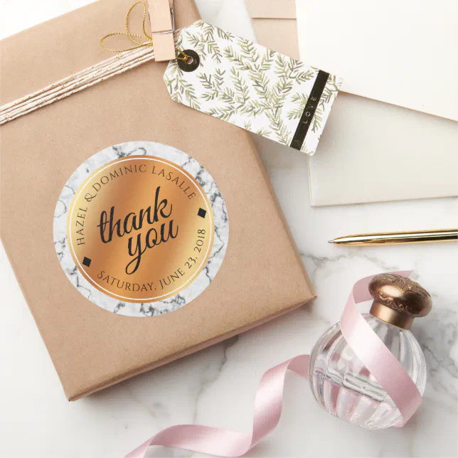 Elegant Marble & Copper Foil Wedding Thank You Classic Round Sticker