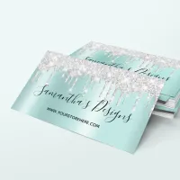 Silver Glitter Drips Light Teal Ombre Online Store Business Card